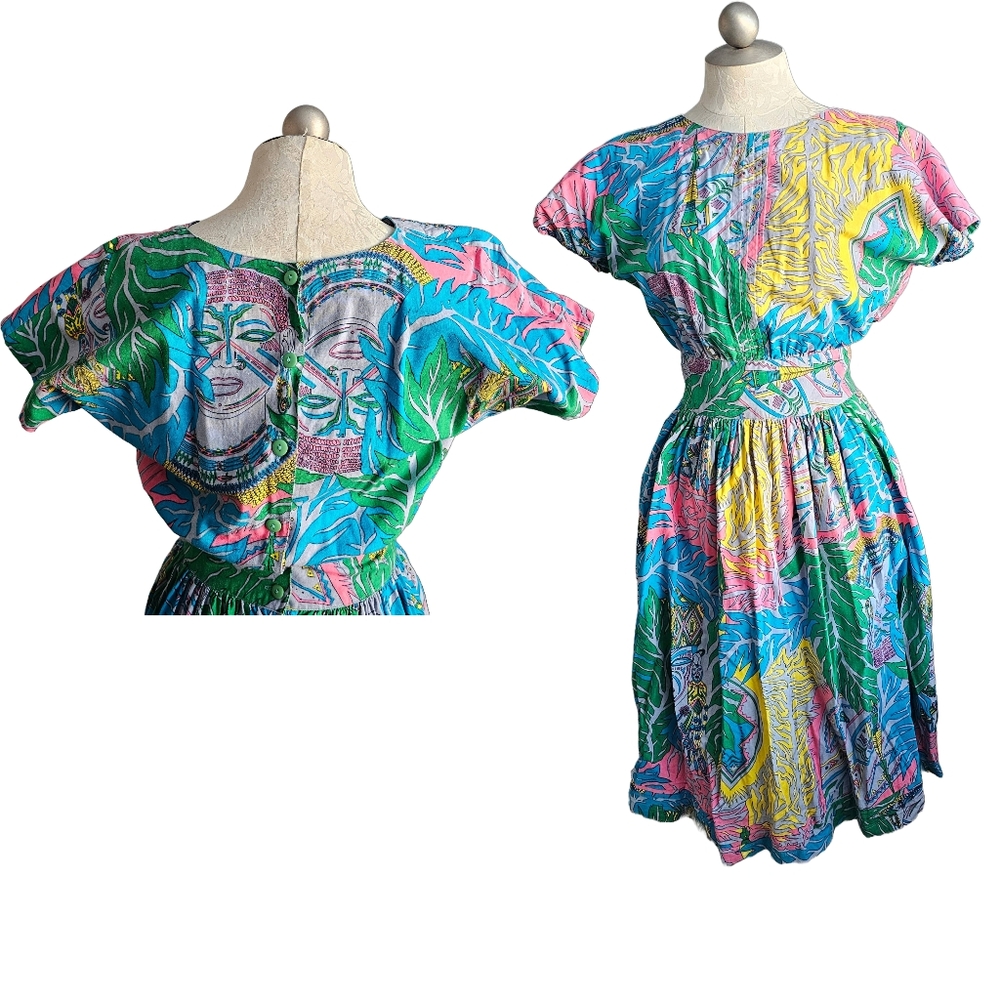Vintage 80s Cotton African Mask Novelty Print Dress XS Small